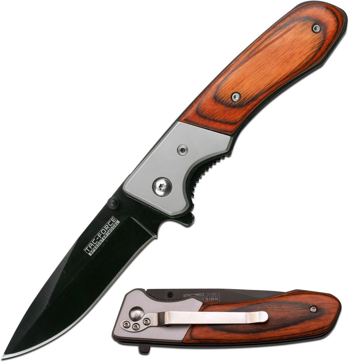 TAC FORCE Spring Assisted Folding Pocket Knife – Black Stainless Steel Drop Point Blade, Brown Wood Handle with Stainless Steel Bolster, Pocket Clip,...